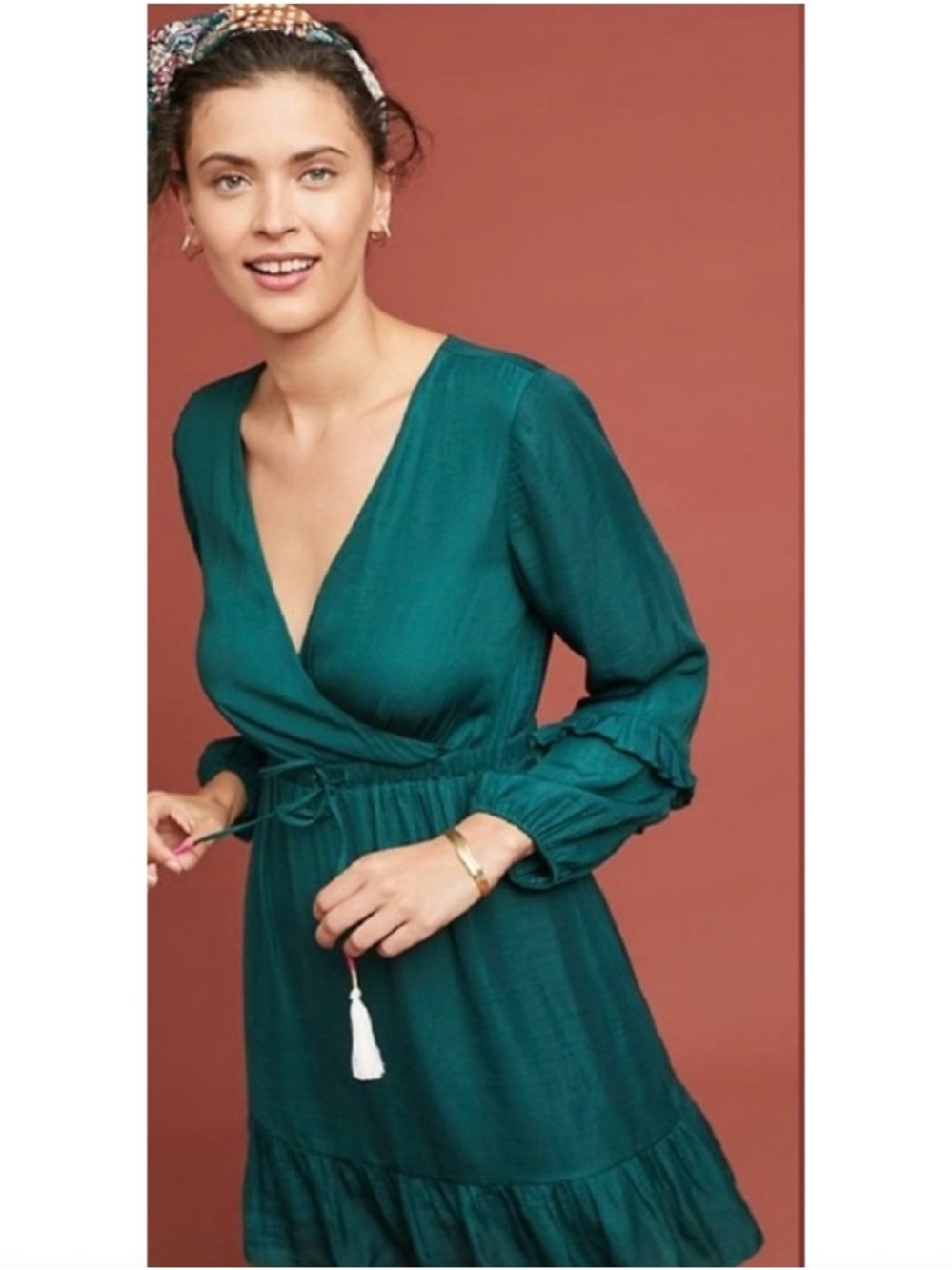Anthropologie Silky Dolan Teatro Ruffled Tassel Dress Green Size M